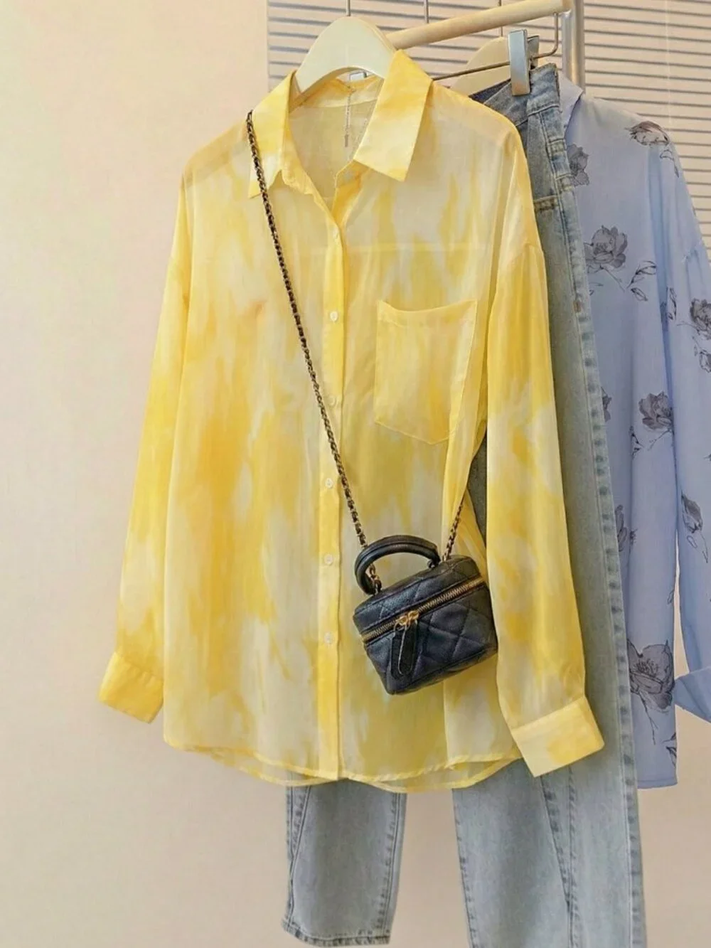 Yellow Casual Tie-Dye Women's Lightweight Sheer Long Sleeve button down Blouse - Picture 5 of 10
